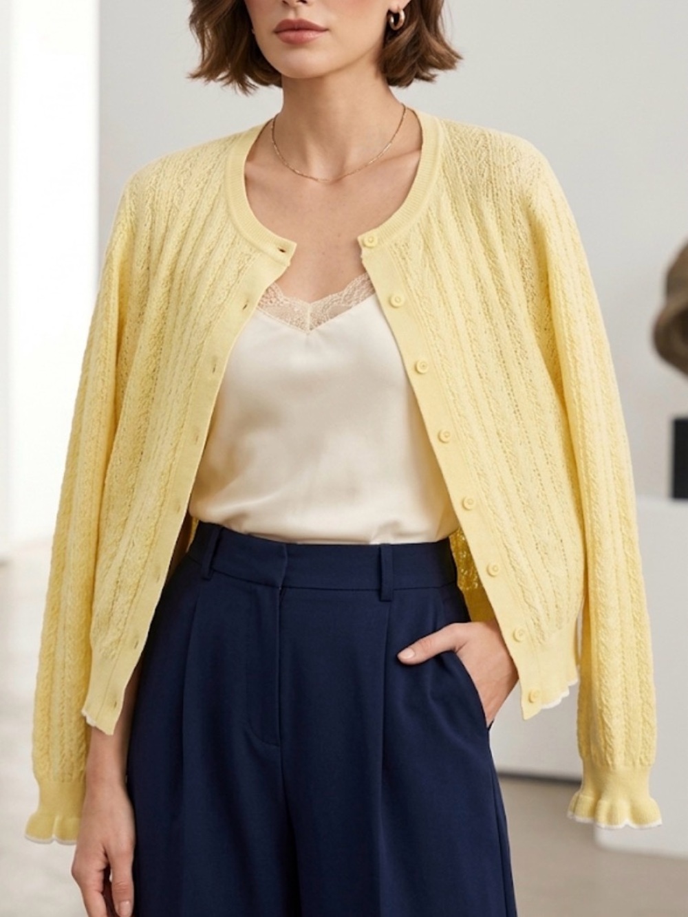 Philosophy Light Yellow Cable Knit Crewneck Cardigan Sweater